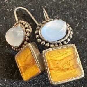 Vintage Artisan HM Earrings – Opalite & Honey Glass – Pierced – 1.25"